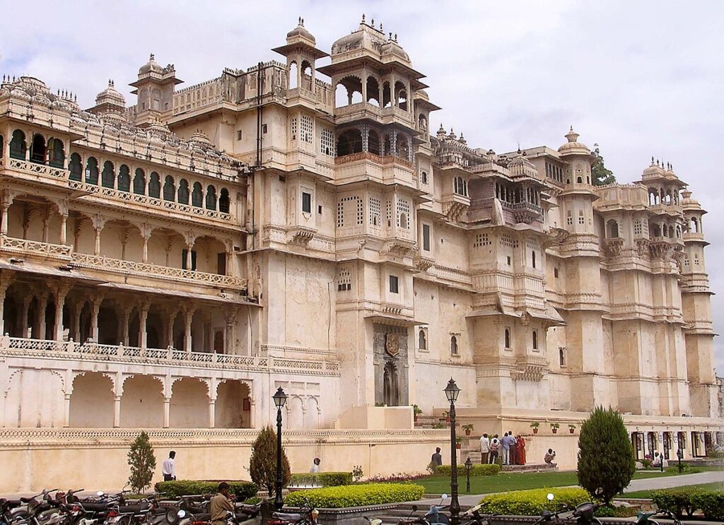 A captivating view of the outer facade and main gate of City Palace in Udaipur, showcasing the grandeur and architectural beauty of this historic landmark