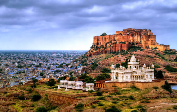 A scenic view showcasing the majestic Mehrangarh Fort alongside the elegant Jaswant Thada monument