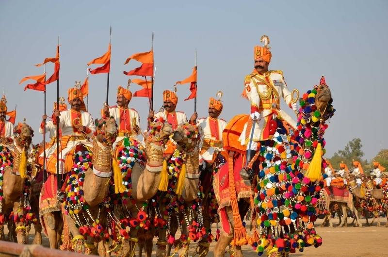 Desert Festival, Jaisalmer - BSF Jawans Marching in Group on Camelback, Ready in Full Attire, Stunning Parade View