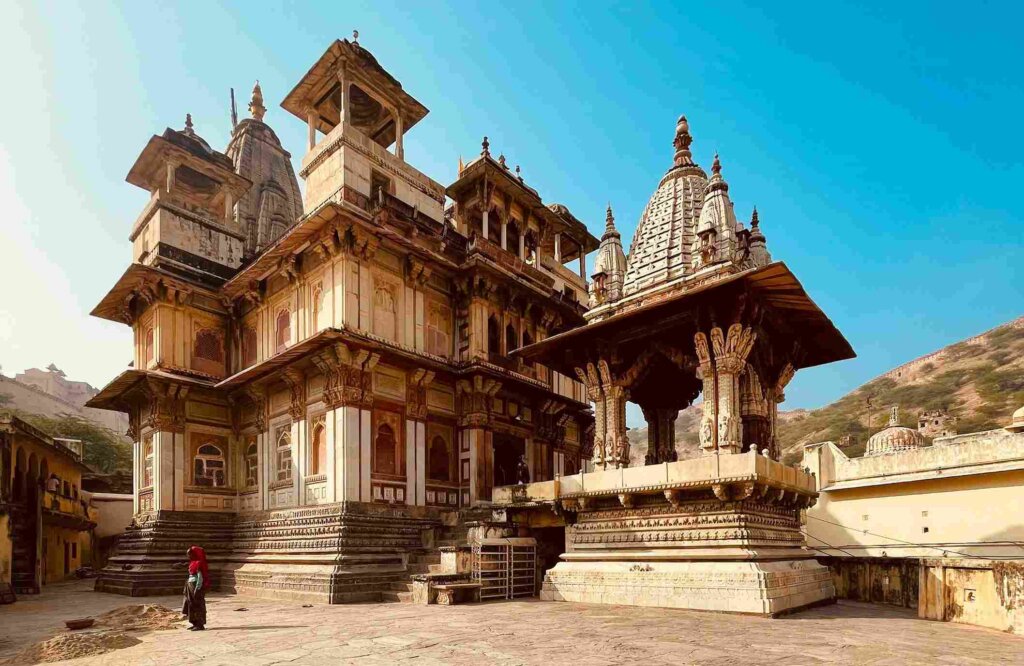 A mesmerizing view of Jagat Shiromani Temple in Jaipur, showcasing intricate architecture and vibrant colors.