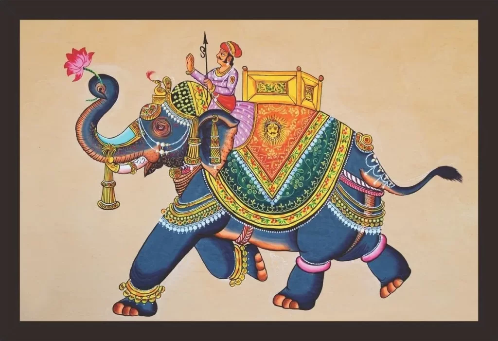 Rajasthani wall painting depicting a king riding an elephant, holding flowers in his hand, while the elephant runs gracefully