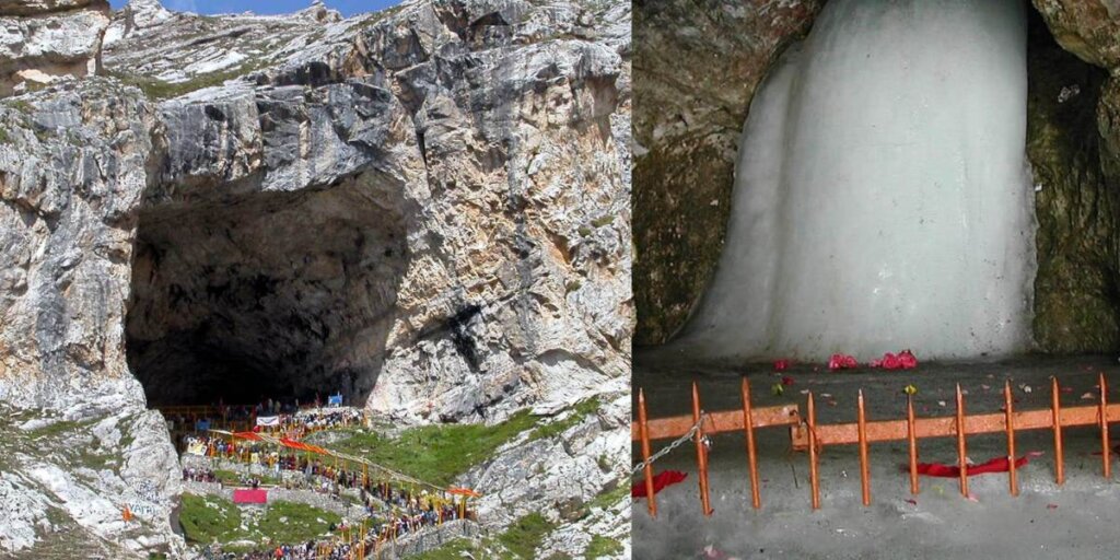 A serene view of the Amarnath Cave nestled amidst the majestic Himalayan mountains.