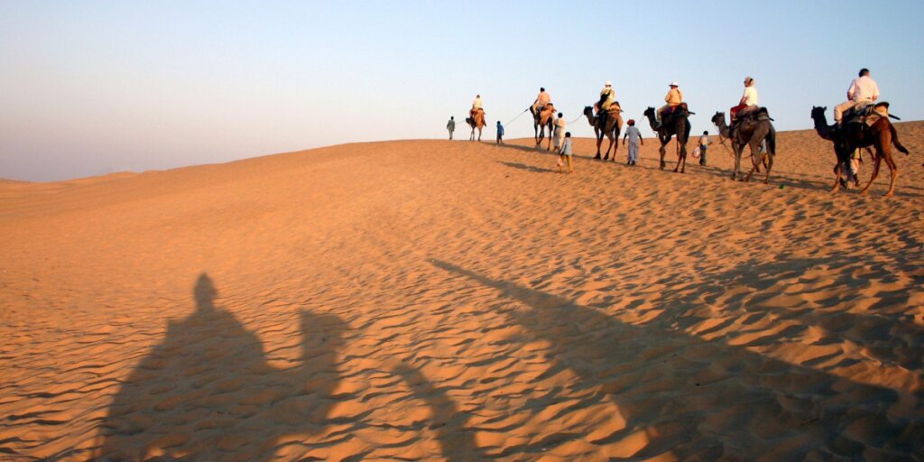 A line of camels embarking on a morning desert safari, traversing the sandy dunes under the clear sky, sourced from Wikimedia Commons.