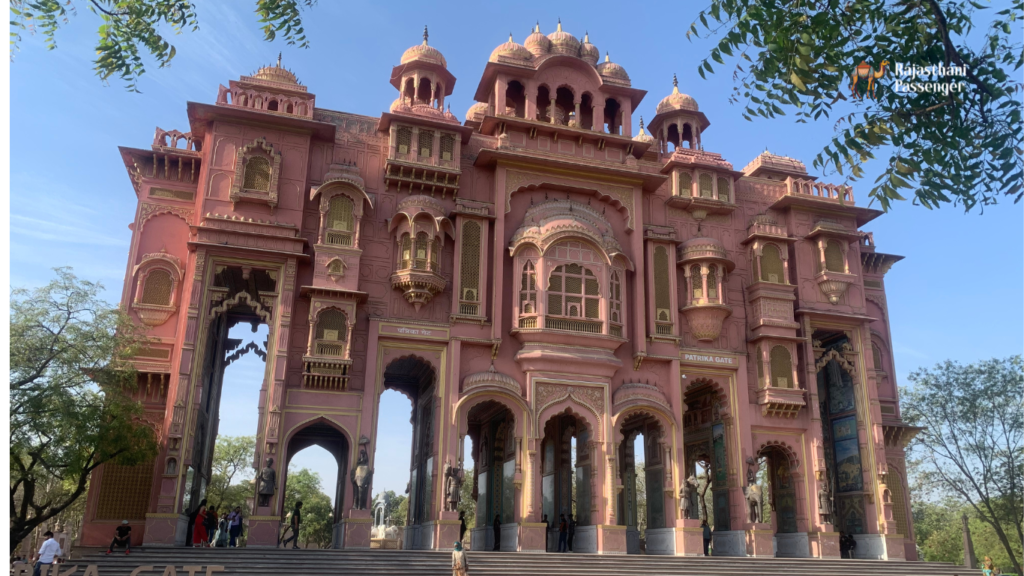 Colorful and ornate Patrika Gate in Jaipur, Rajasthan, adorned with intricate designs and vibrant hues.