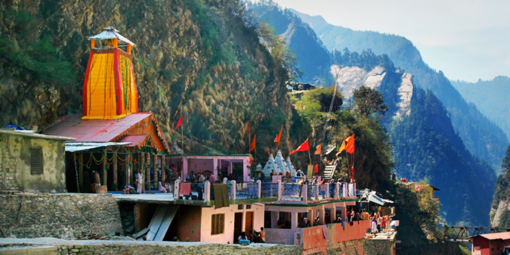 Yamunotri Temple nestled amidst picturesque mountains in the Himalayas.