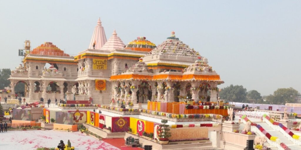 Newly built Ram Mandir in Ayodhya, India. Majestic architecture against blue sky. Symbolizes fulfilment of Hindu pilgrimage. Image courtesy of Wikipedia