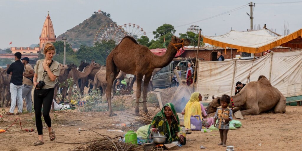  A woman is cooking, and camels are standing behind her. In the background, a small hill and swings can be seen. The scene depicts rural and natural beauty, showcasing a traditional lifestyle and a festive atmosphere. Source: Flickr Credit: Ninara