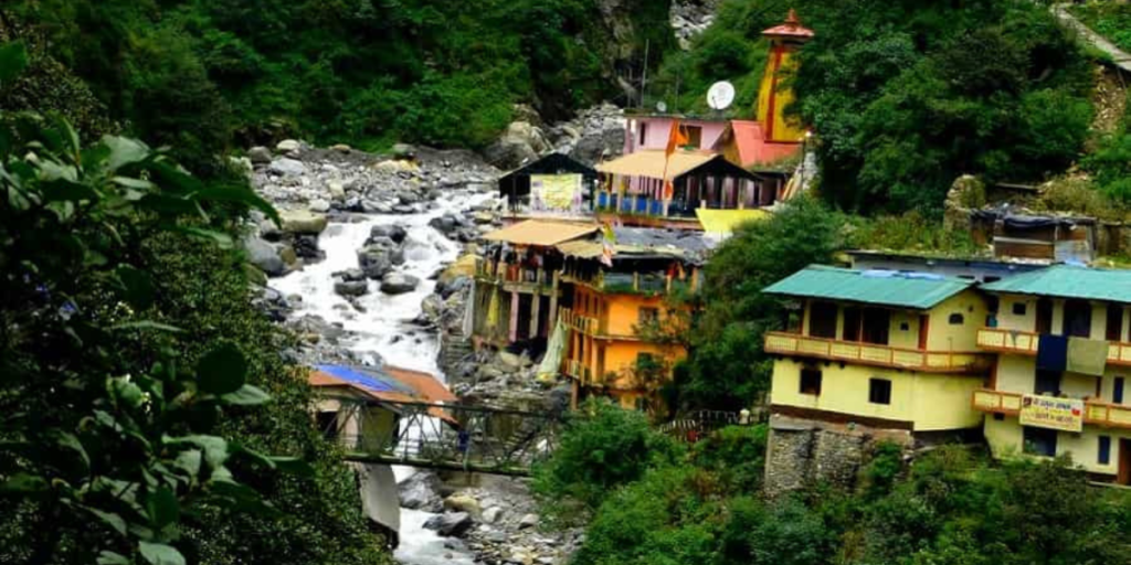 A sacred temple nestled amidst the mountains, dedicated to Yamunotri, a revered pilgrimage site in Uttarakhand, India.