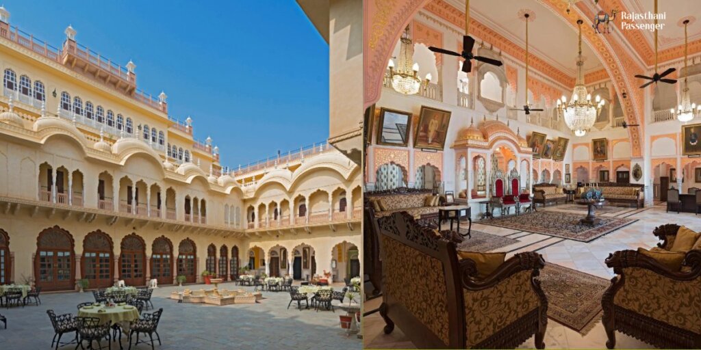 Collage of two photos of the heritage hotel Alsisar Mahal. The left photo shows the grand outer courtyard, with ornate arches on the upper floors, balconies and seating areas under the clear blue sky. The right photo shows the luxurious interior with plush furniture, chandeliers, stunning wall paintings and high ceilings adorned with fans and chandeliers, highlighting the royal ambiance.