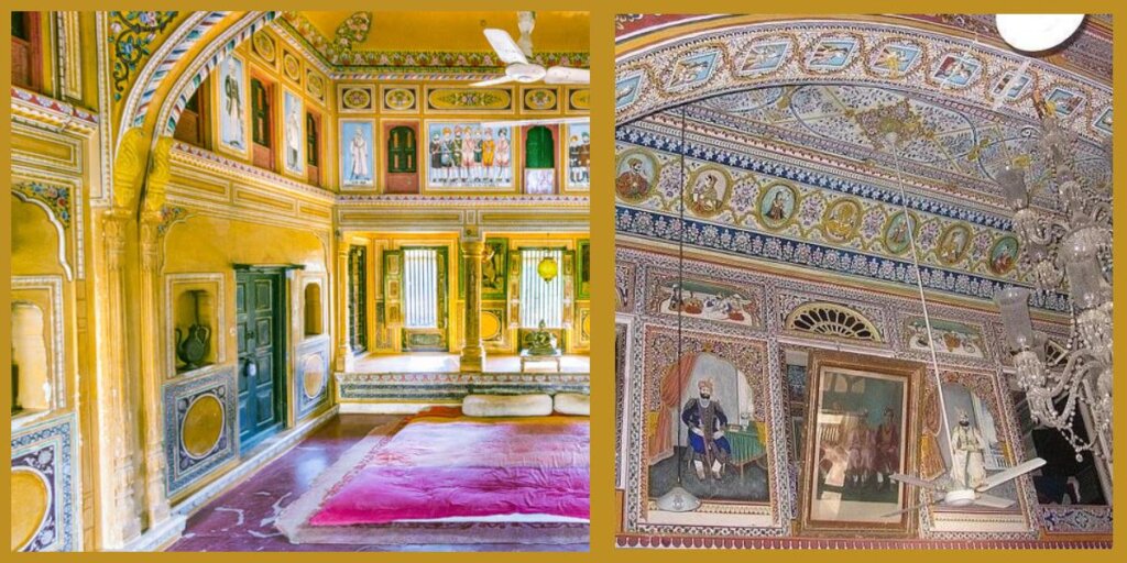 The paintings in the open air art gallery in Mandawa Shekhawati are a sight to behold. This gallery is housed in a traditional Rajasthani Haveli, with ornate architecture and vibrant colours. These havelis and courtyards are beautifully designed, which visitors can see while strolling outside.